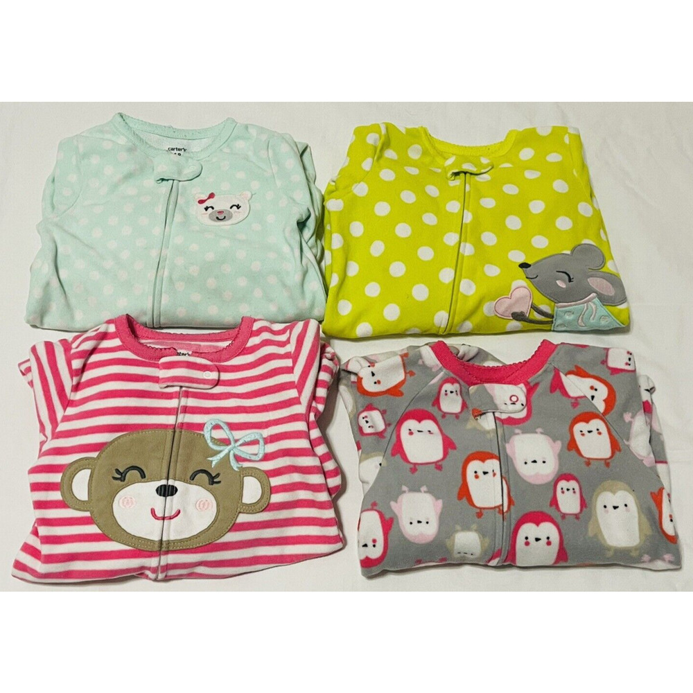 Carters Footed Pajamas Girls 18 Months Fleece Zip Spring Colors Animals Lot of 4